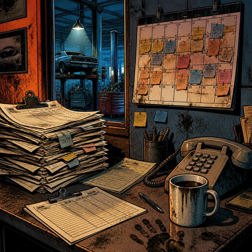 Comic-Illustration eines Werkstattbüros mit Stapeln von Reparaturaufträgen, Telefon und überfülltem Terminkalender
