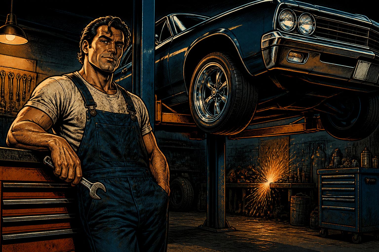 Comic-Illustration eines Kfz-Mechanikers neben einem Fahrzeug auf der Hebebühne in einer Werkstatt