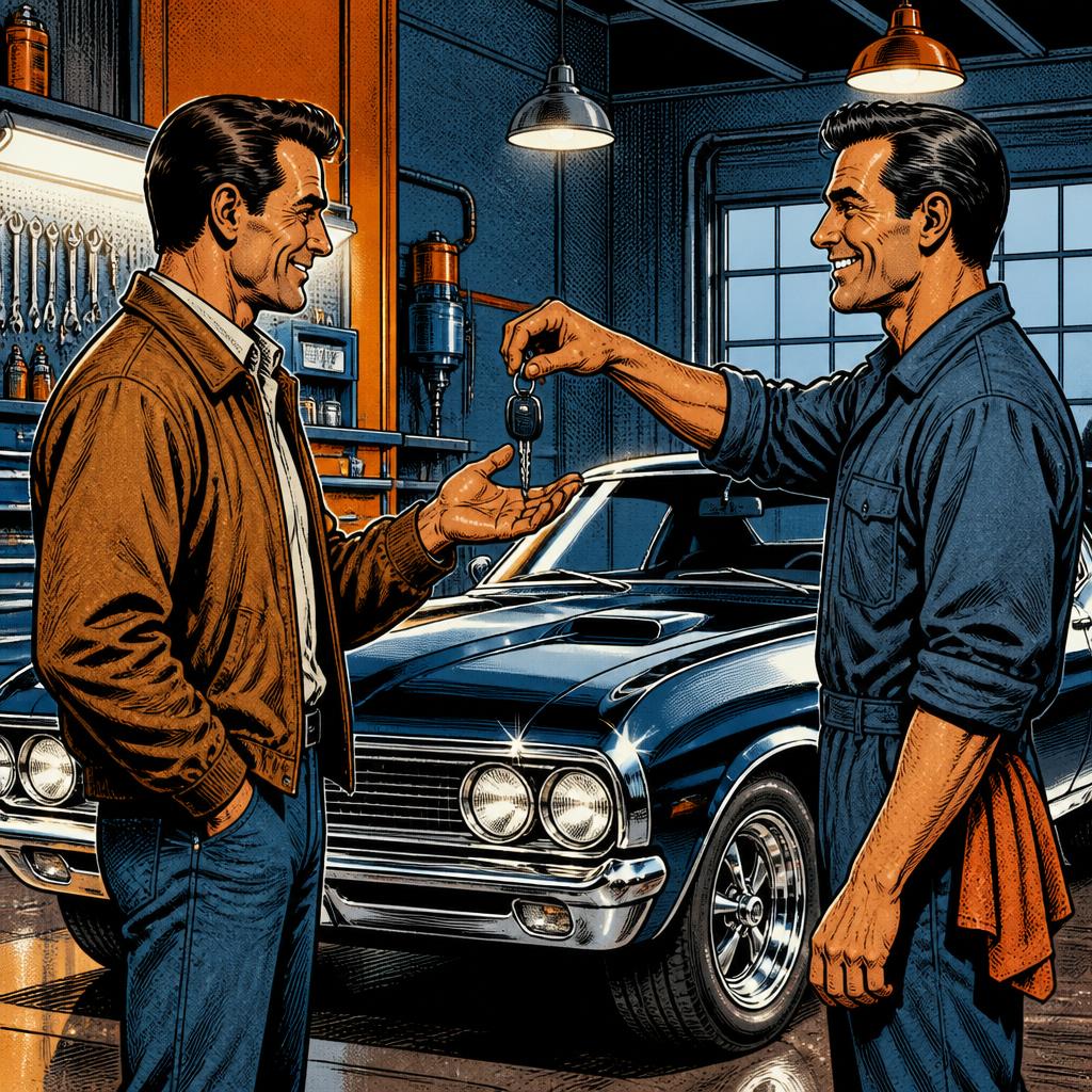 Comic-Illustration eines Mechanikers, der einem zufriedenen Kunden die Autoschlüssel übergibt